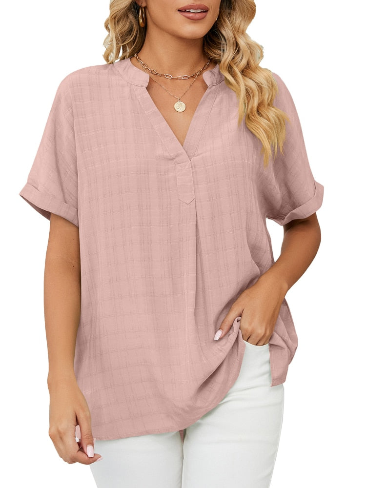 Short-sleeved chiffon shirt with V-neckline