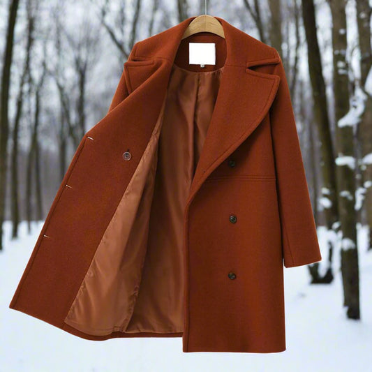 Women - Trench Coat - Long Woollen Design - Stylish Warm Outerwear for Cold Weather