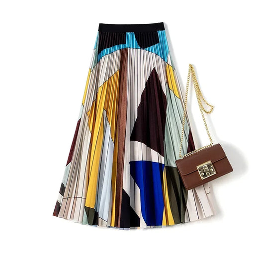 Retro cute printed long pleated skirt