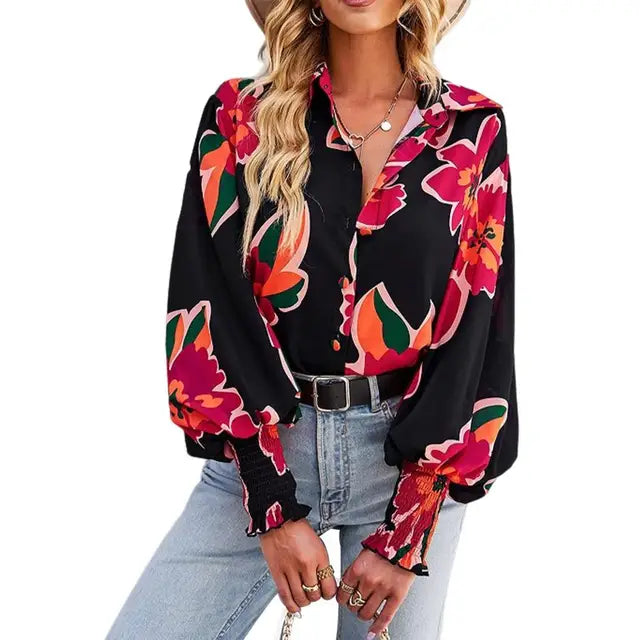 Printed Blouse with High Collar