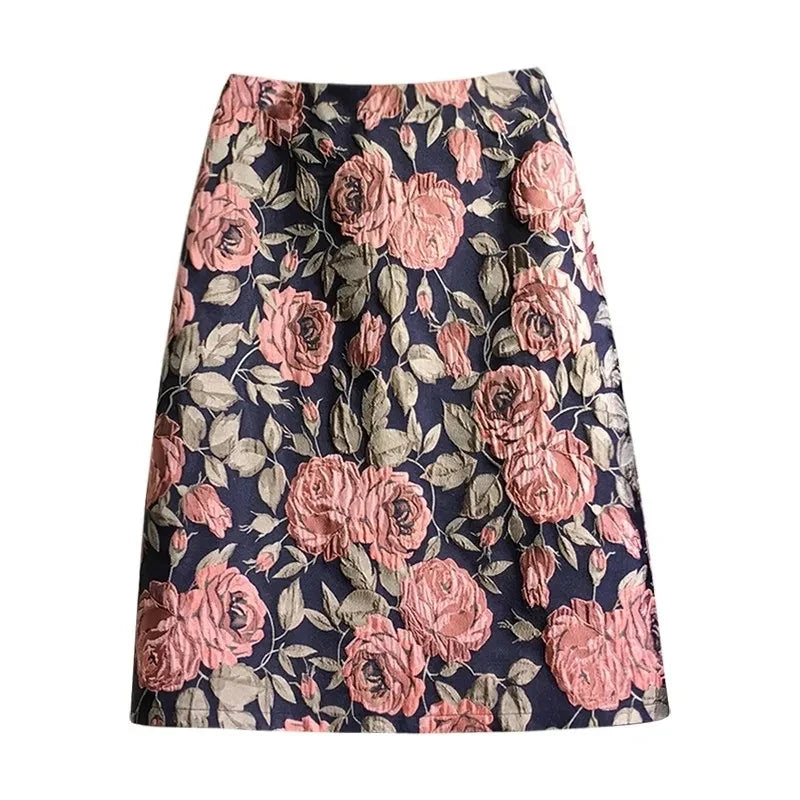 Printed skirt with high waist and rose