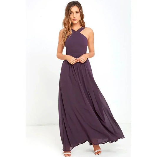 Women's sleeveless maxi dress in boho-style chiffon with empire waist - Elegant hemstitch crochet details