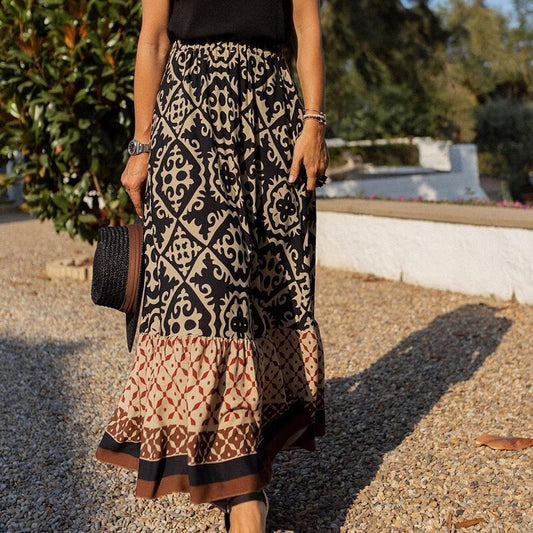 Maxi skirt with ethnic pattern and ruffled hem