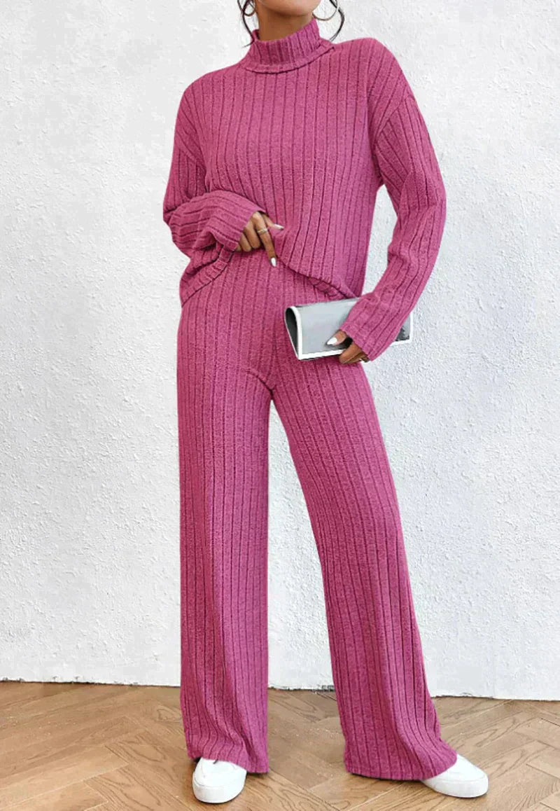 Knitted trousers and sweater with turtleneck for women