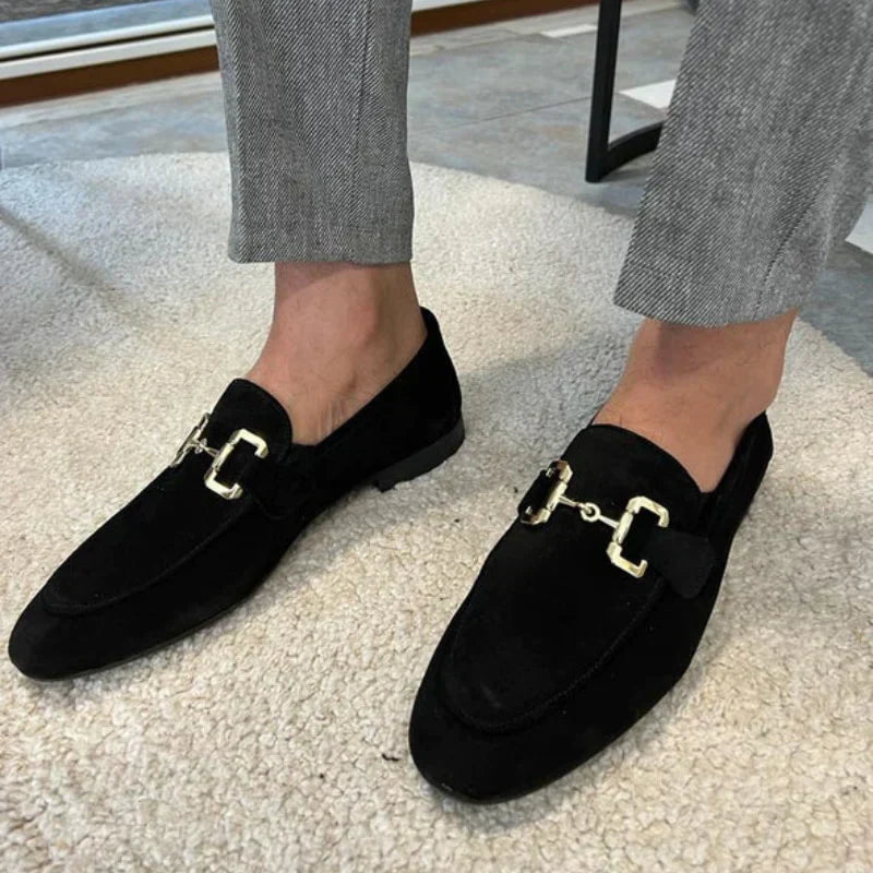 Suede loafer with metal buckle detail