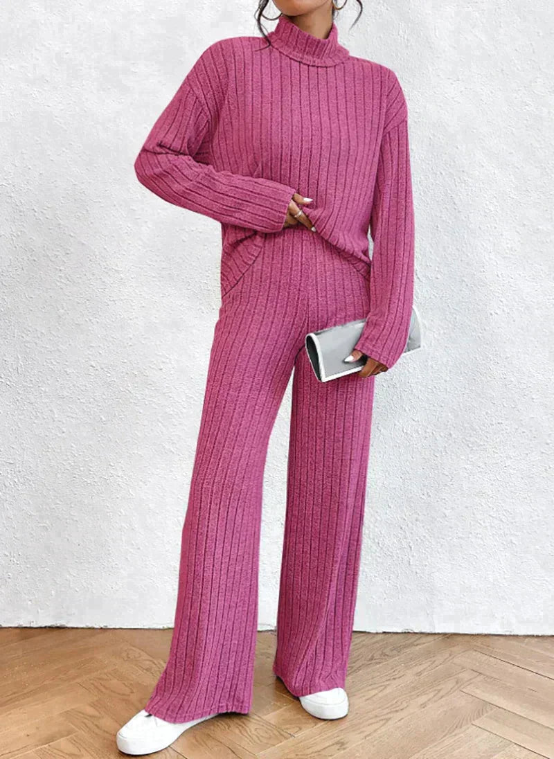 Knitted trousers and sweater with turtleneck for women