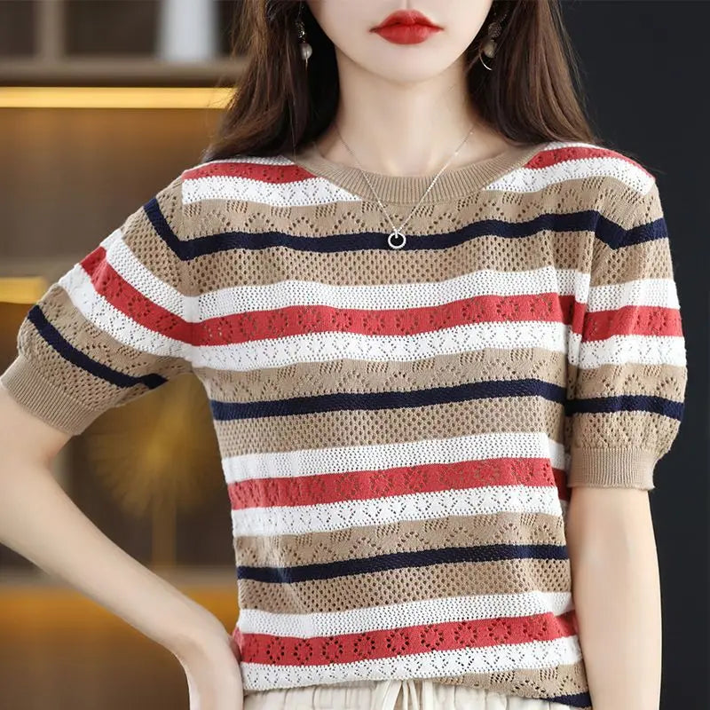 Striped Short Sleeve Round Neck Women's Sweater