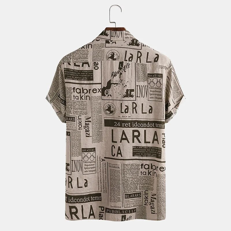 Newspaper print shirt with button placket