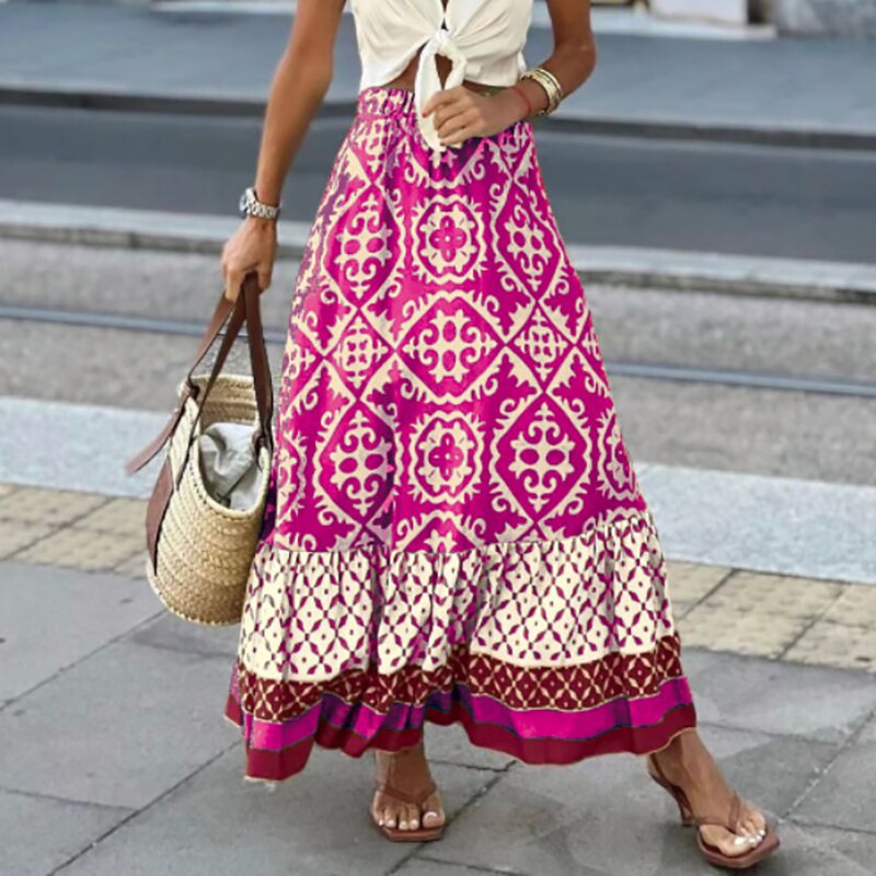 Maxi skirt with ethnic pattern and ruffled hem