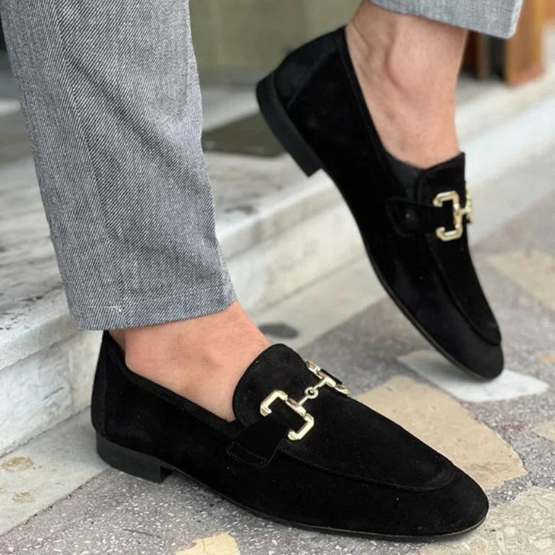 Suede loafer with metal buckle detail