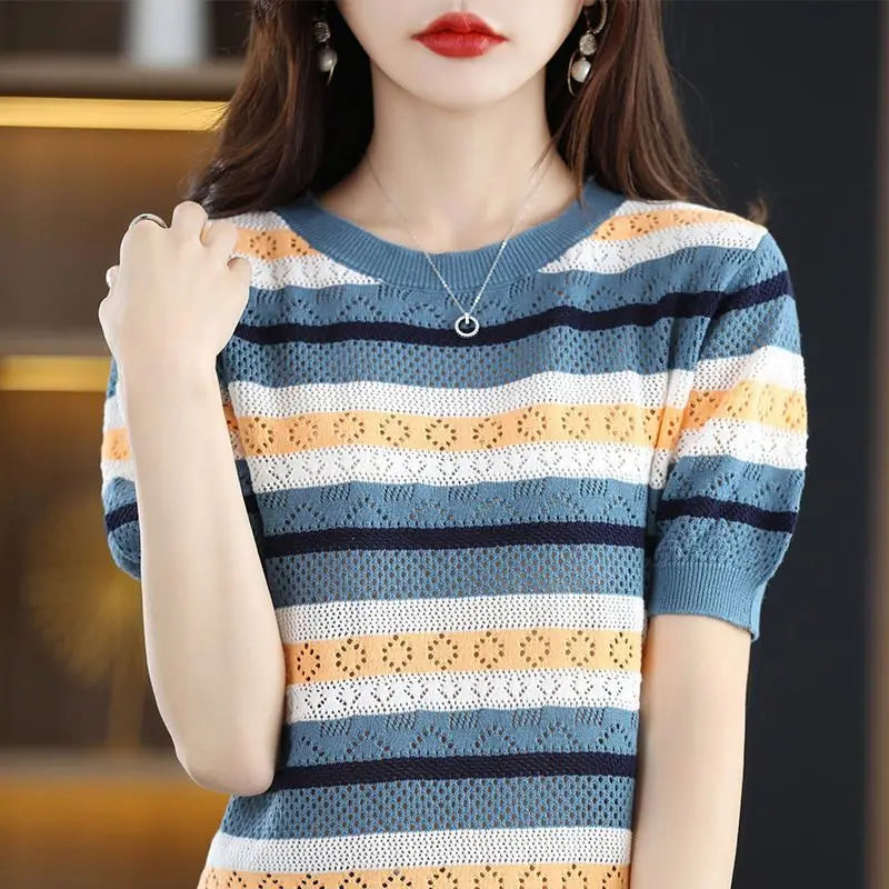 Striped Short Sleeve Round Neck Women's Sweater