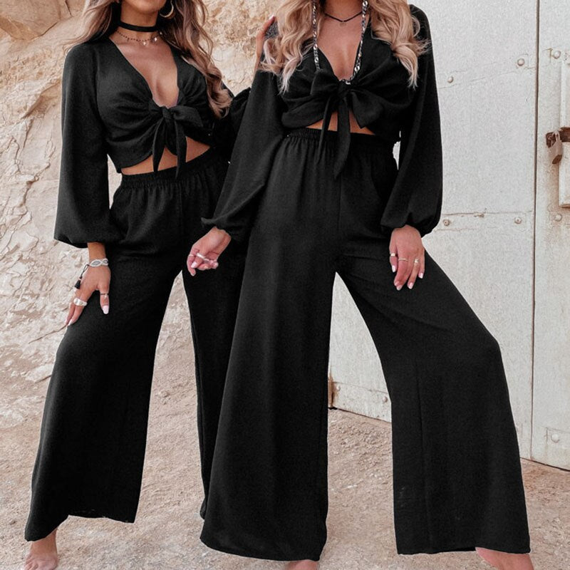 Fashion ladies two-piece set - Cardigan with knot & wide-leg trousers