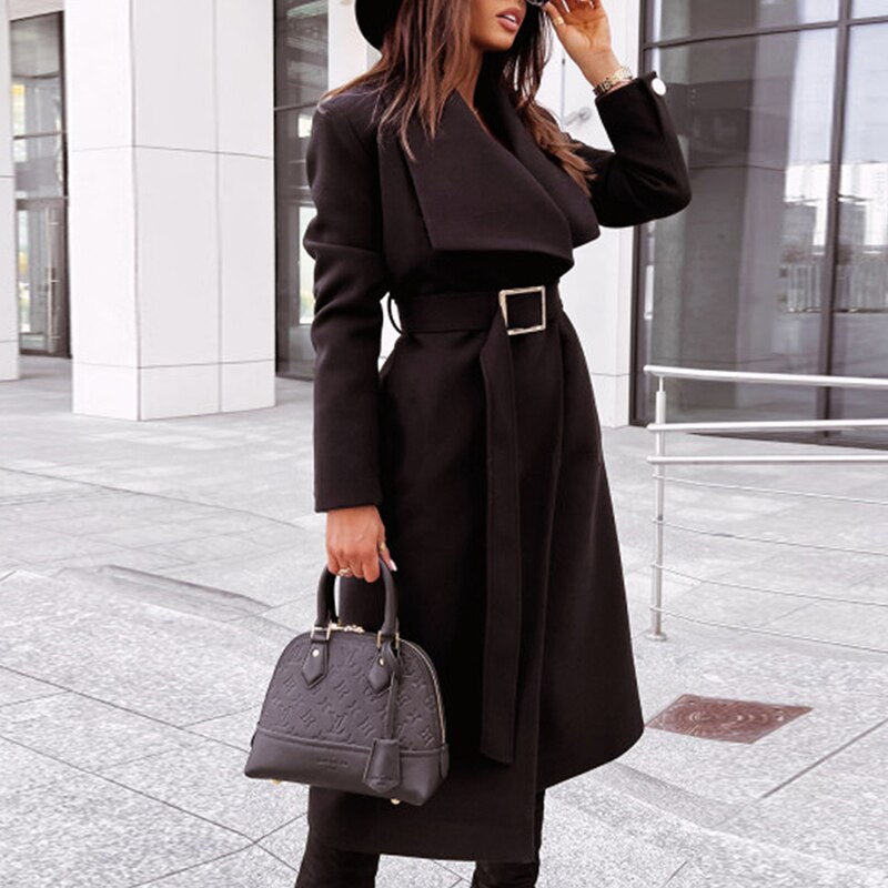 Chic long coat with tie belt