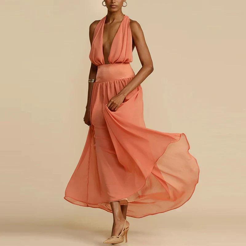 Deep maxi dress with V-neckline