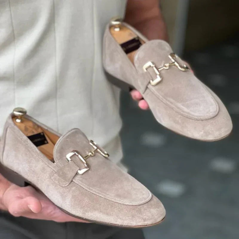 Suede loafer with metal buckle detail