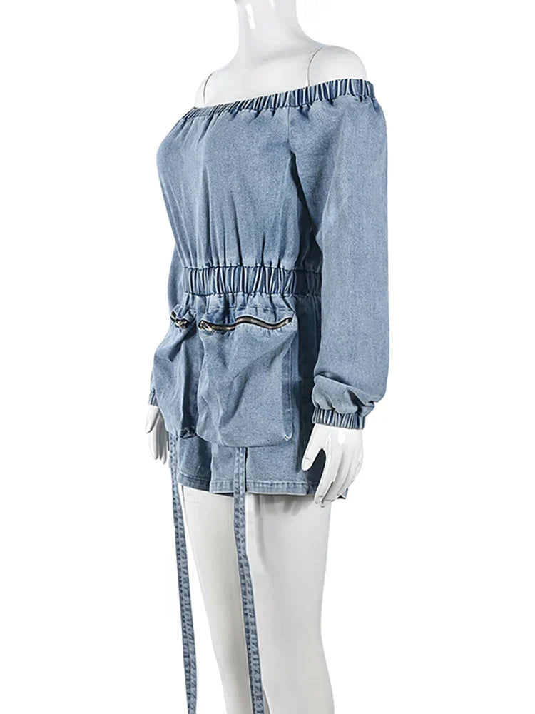 Off-the-shoulder denim playsuit with drawstring waist