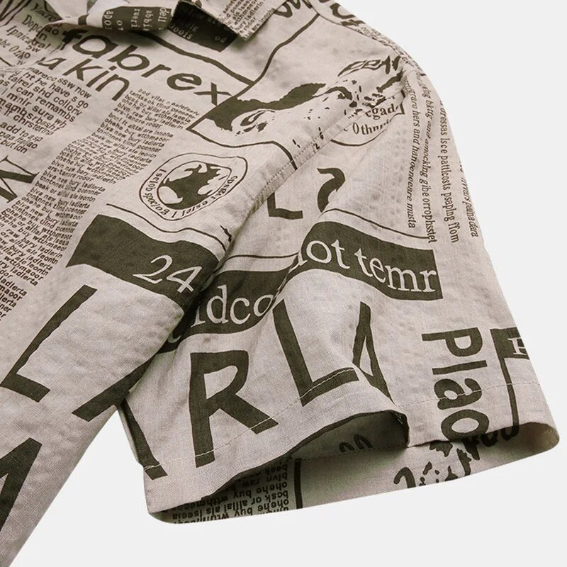 Newspaper print shirt with button placket