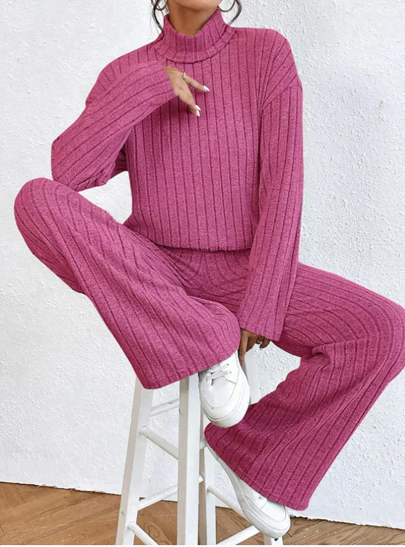 Knitted trousers and sweater with turtleneck for women