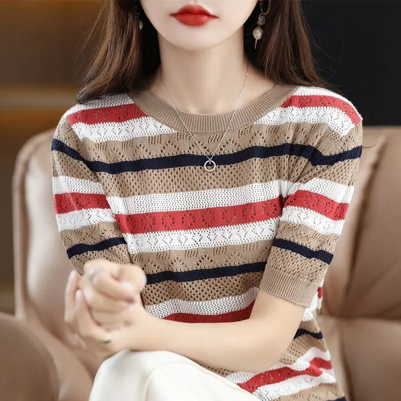 Striped Short Sleeve Round Neck Women's Sweater