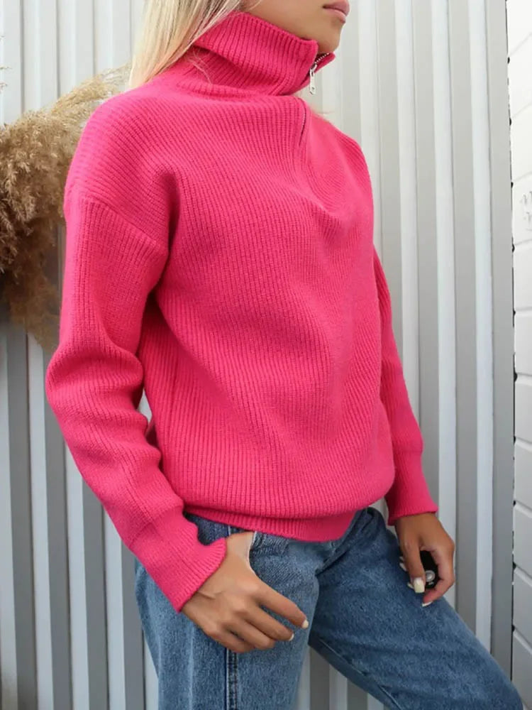 Breaded Turtleneck Women's Zipped Sweater