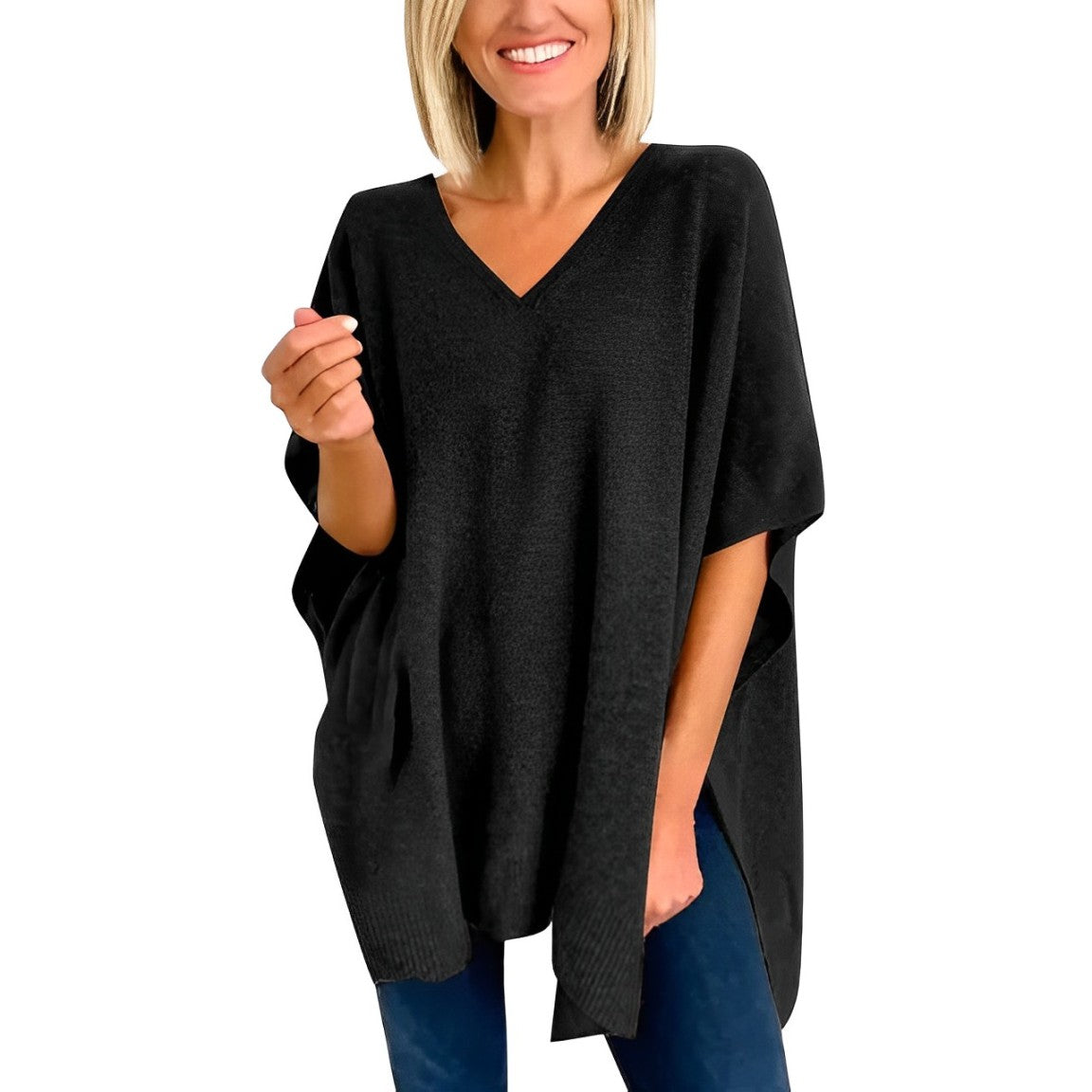 Sweater with irregular hem and V-neckline