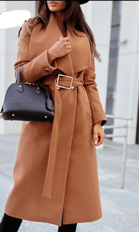 Chic long coat with tie belt