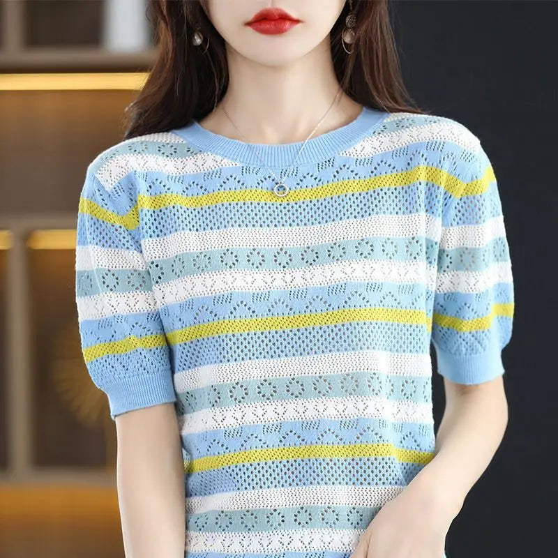 Striped Short Sleeve Round Neck Women's Sweater