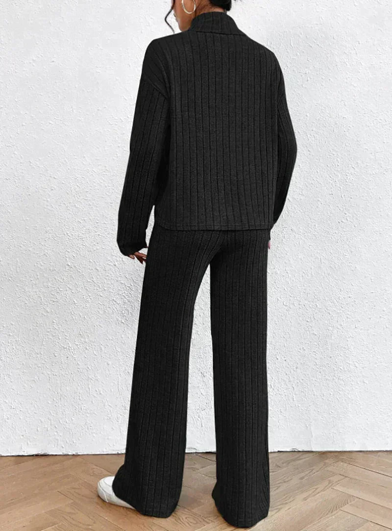 Knitted trousers and sweater with turtleneck for women