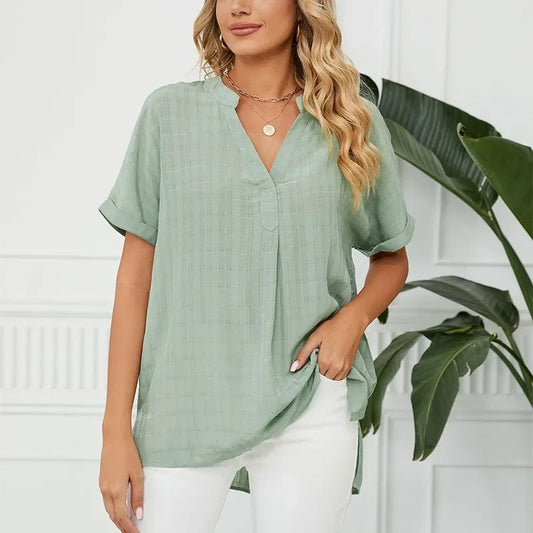 Short-sleeved chiffon shirt with V-neckline