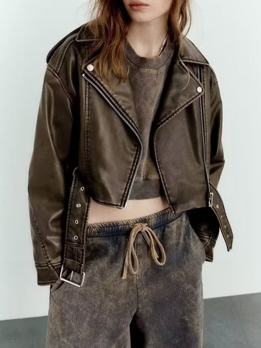 Ladies vintage faux leather jacket with belt