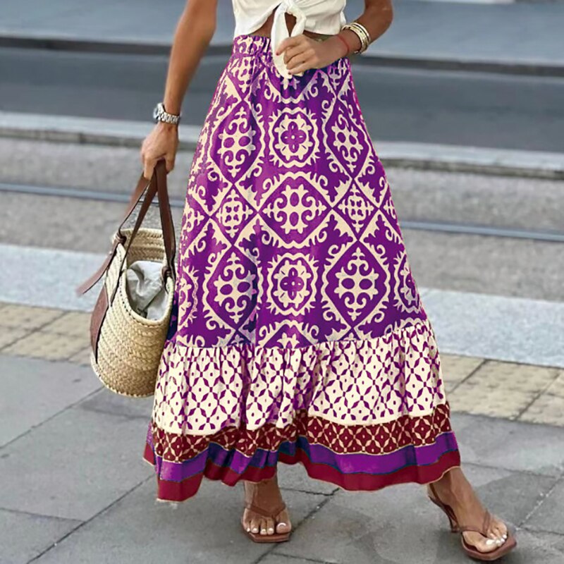 Maxi skirt with ethnic pattern and ruffled hem