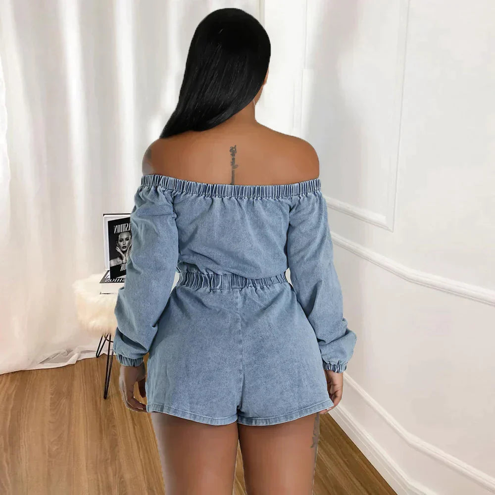 Off-the-shoulder denim playsuit with drawstring waist