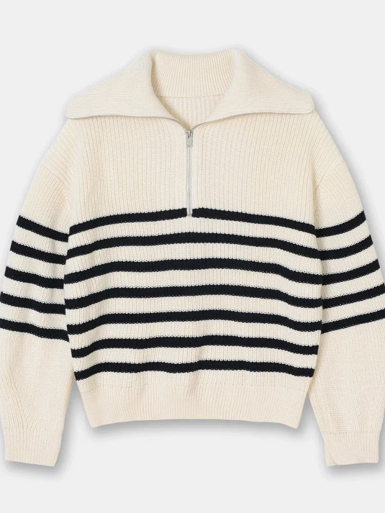 Women's Wide Turtleneck Sweater with Striped Reverses