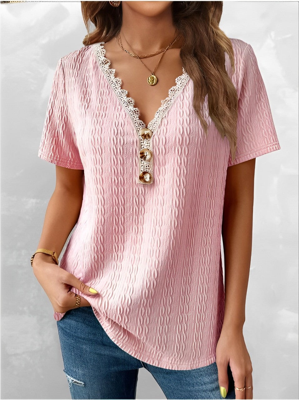 Loose button-up shirt with V-neckline