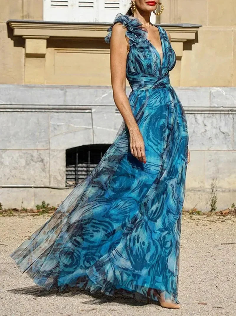 BOHEMIAN RESORT-STYLE PEACOCK BLUE LONG DRESS