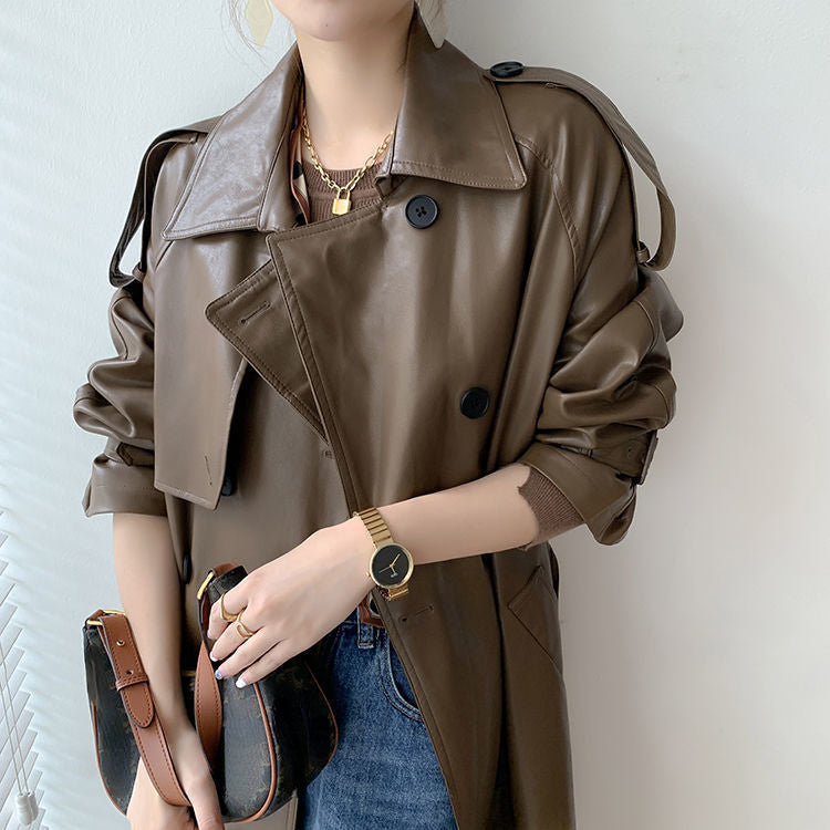 Women's trench coat - New fashion: long, thin leather coat in a loose fit