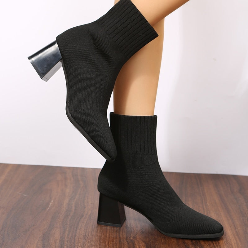 women's stretch knit boots - Comfortable slip-on ankle boots with square toe