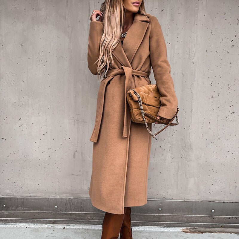 Chic long coat with tie belt