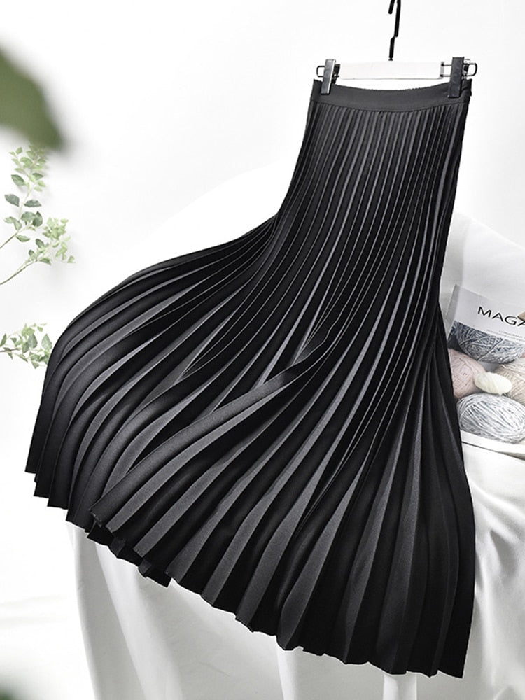 Ladies Elegant Chic Solid Pleated Skirt High Waist Luxury Fashion