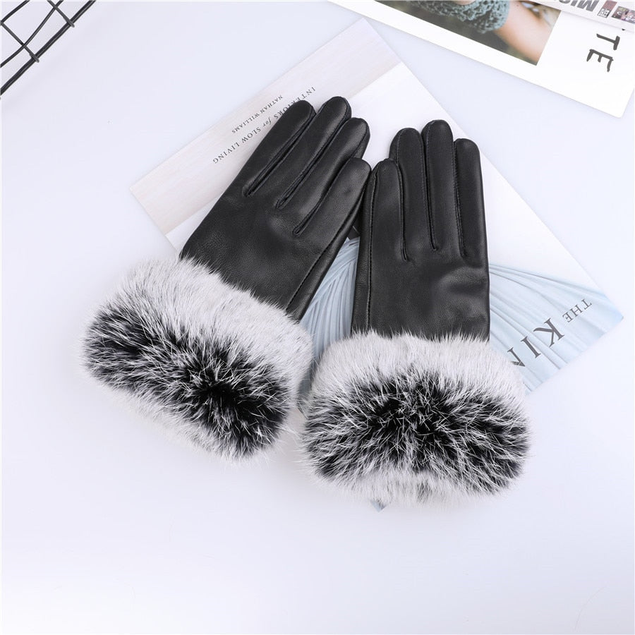 Genuine lamb leather gloves with rabbit fur cuffs | Ladies leather gloves