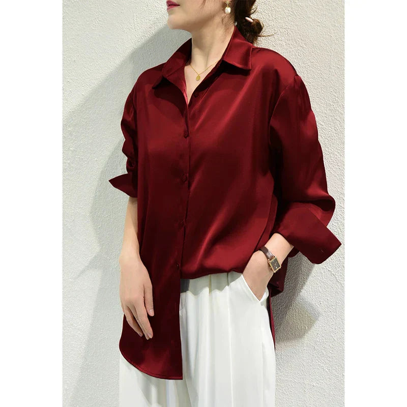 Women - Overshirt - Elegant Satin Fabric - Long Sleeve Versatile Top for Any Occasion