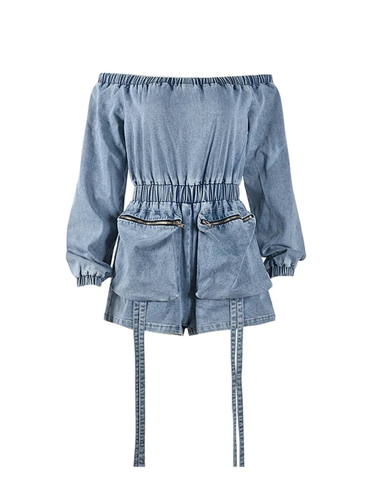 Off-the-shoulder denim playsuit with drawstring waist