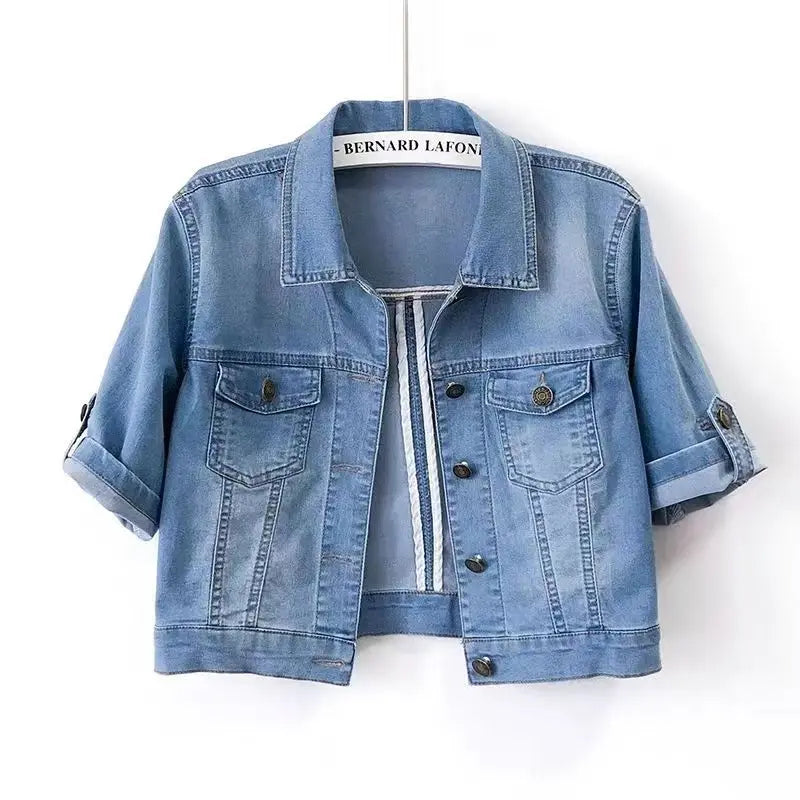 Women's Short Sleeve Denim Jacket - Single-Coloured Style - Casual Comfort for Every Occasion