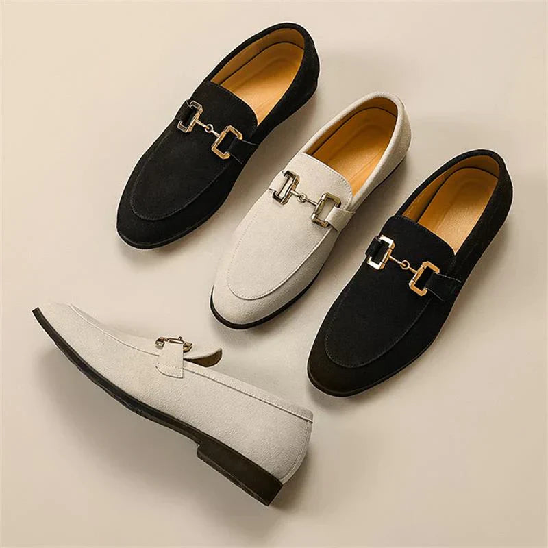 Suede loafer with metal buckle detail