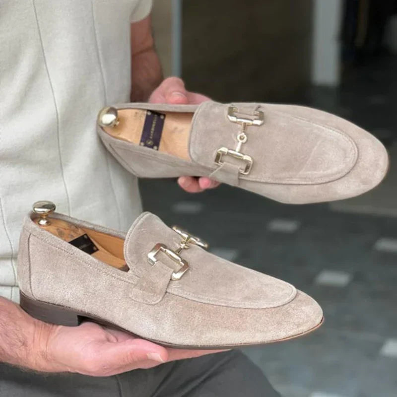 Suede loafer with metal buckle detail