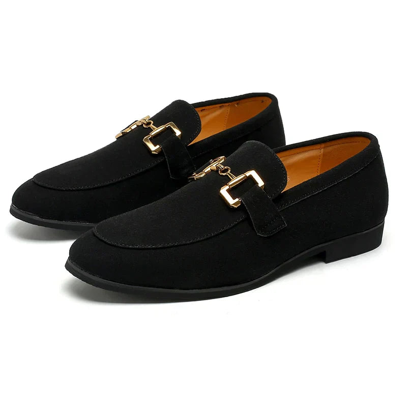 Suede loafer with metal buckle detail