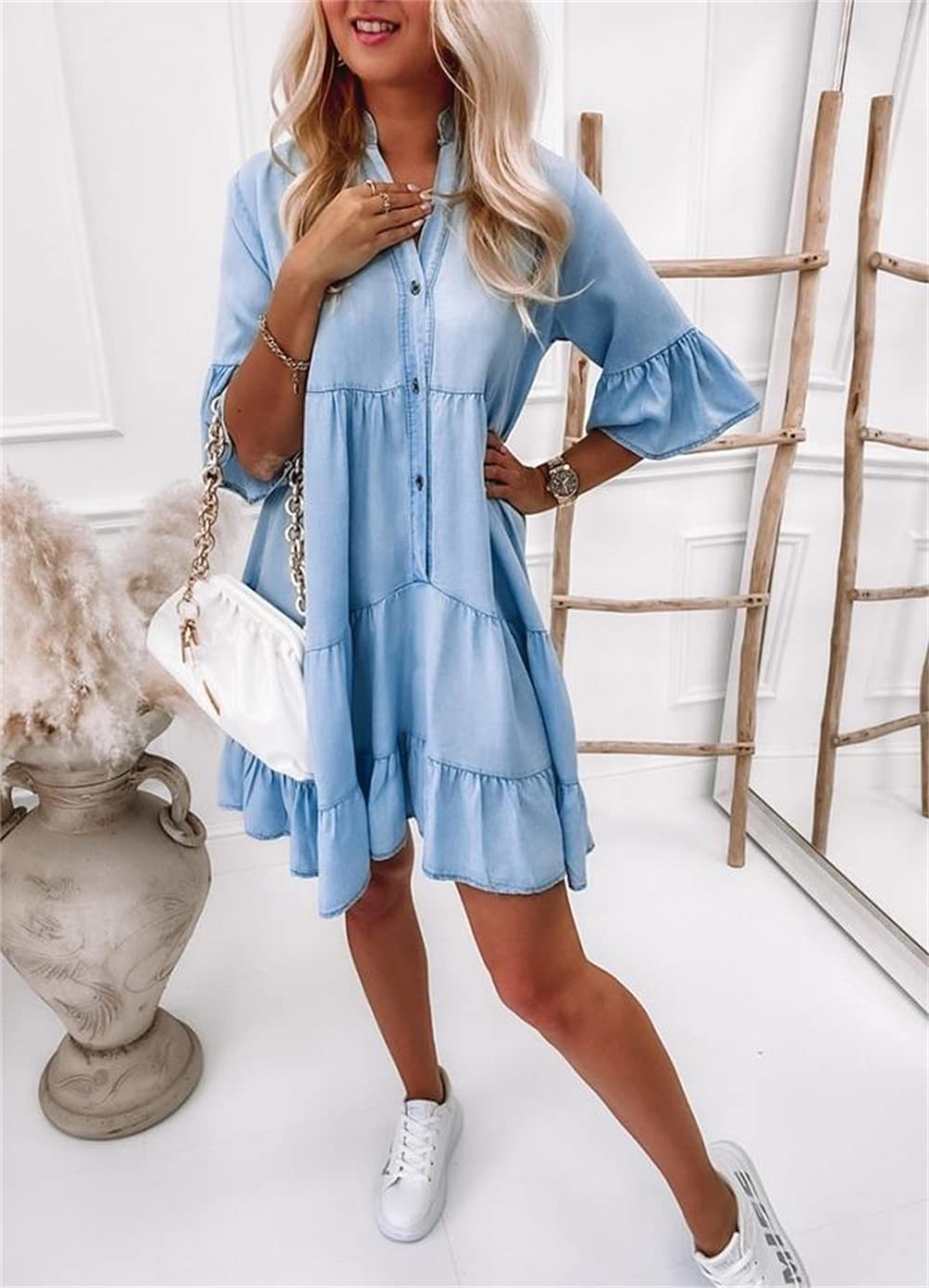 Single-breasted dress in cotton denim