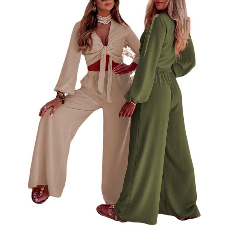 Fashion ladies two-piece set - Cardigan with knot & wide-leg trousers