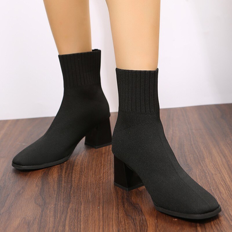 women's stretch knit boots - Comfortable slip-on ankle boots with square toe