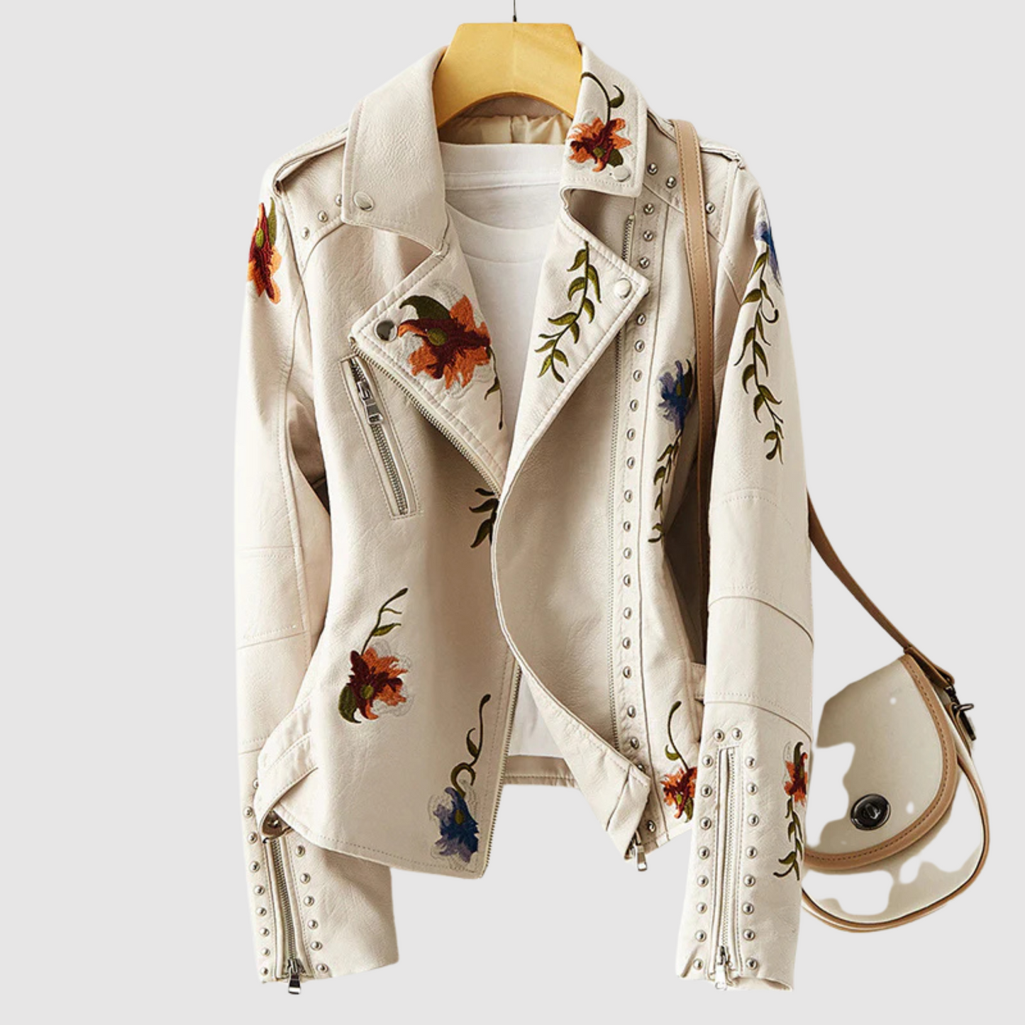 Women - Leather Jacket - Retro Floral Pattern - Stylish Leather Outerwear for Trendy Looks